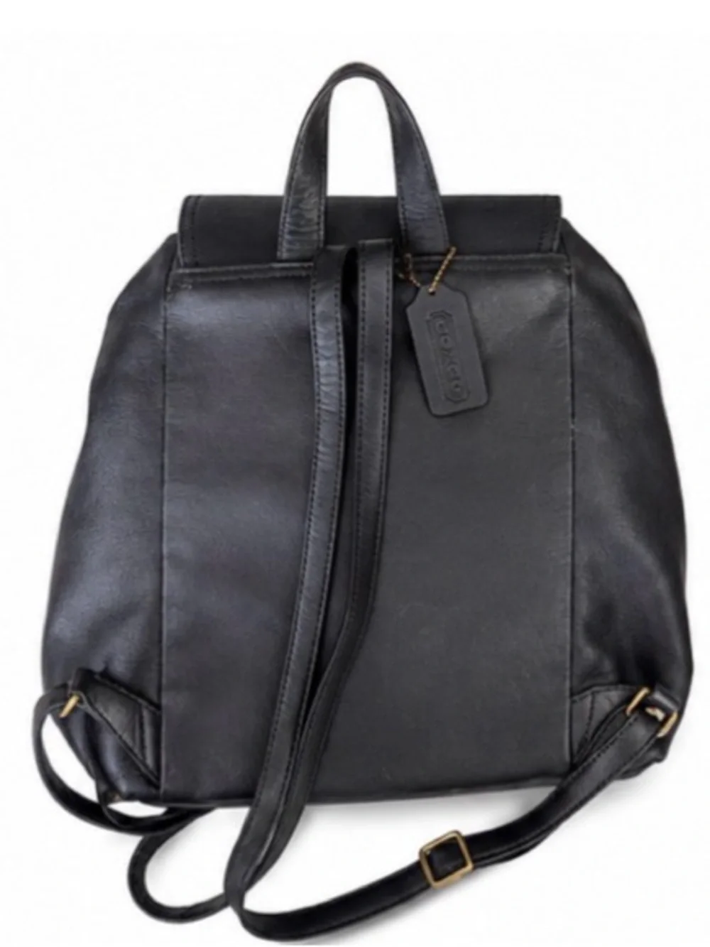 Coach Black Leather Drawstring Backpack with Gold Hardware